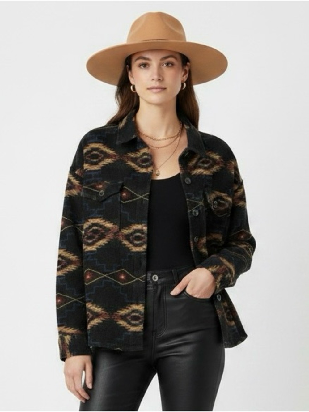Womens Rock & Roll Denim Aztec Geometric Shacket